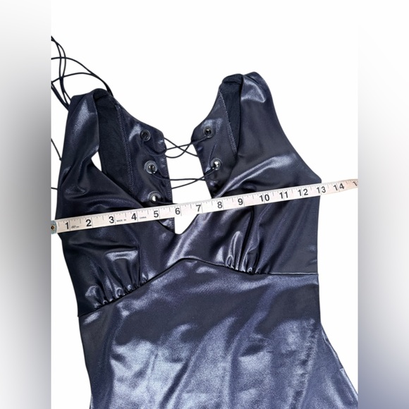 VTG 90s Trashy Black Wet-Look Maxi Dress | Lace-Up Back | Bodycon | Size S - Picture 7 of 11